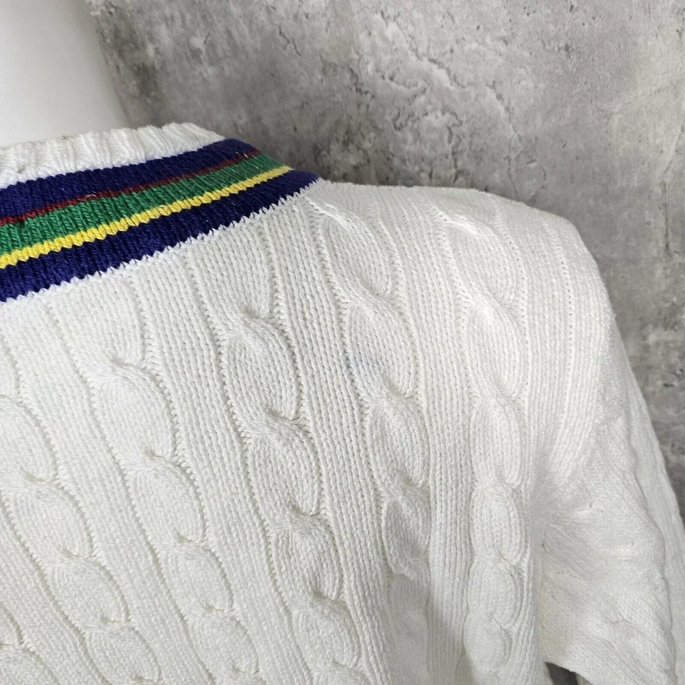 Vintage 90s Polo‎ Ralph Lauren Mens 2XL Vneck White Chunky Knit Cricket Sweater